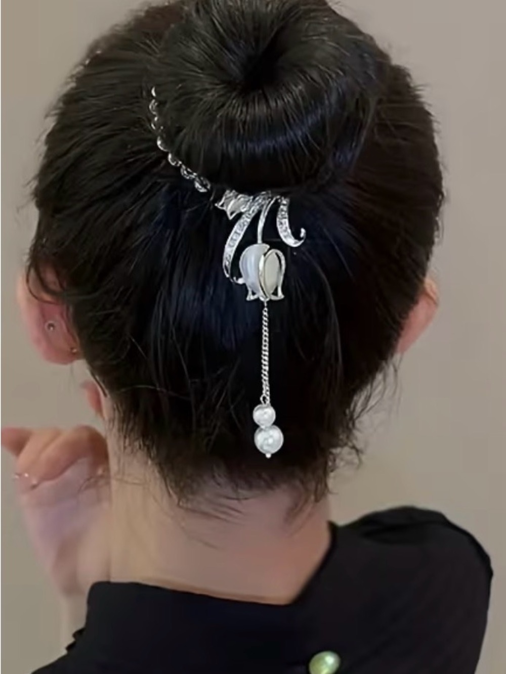 Silver Floral Pearl Drop Hair Pin for Women